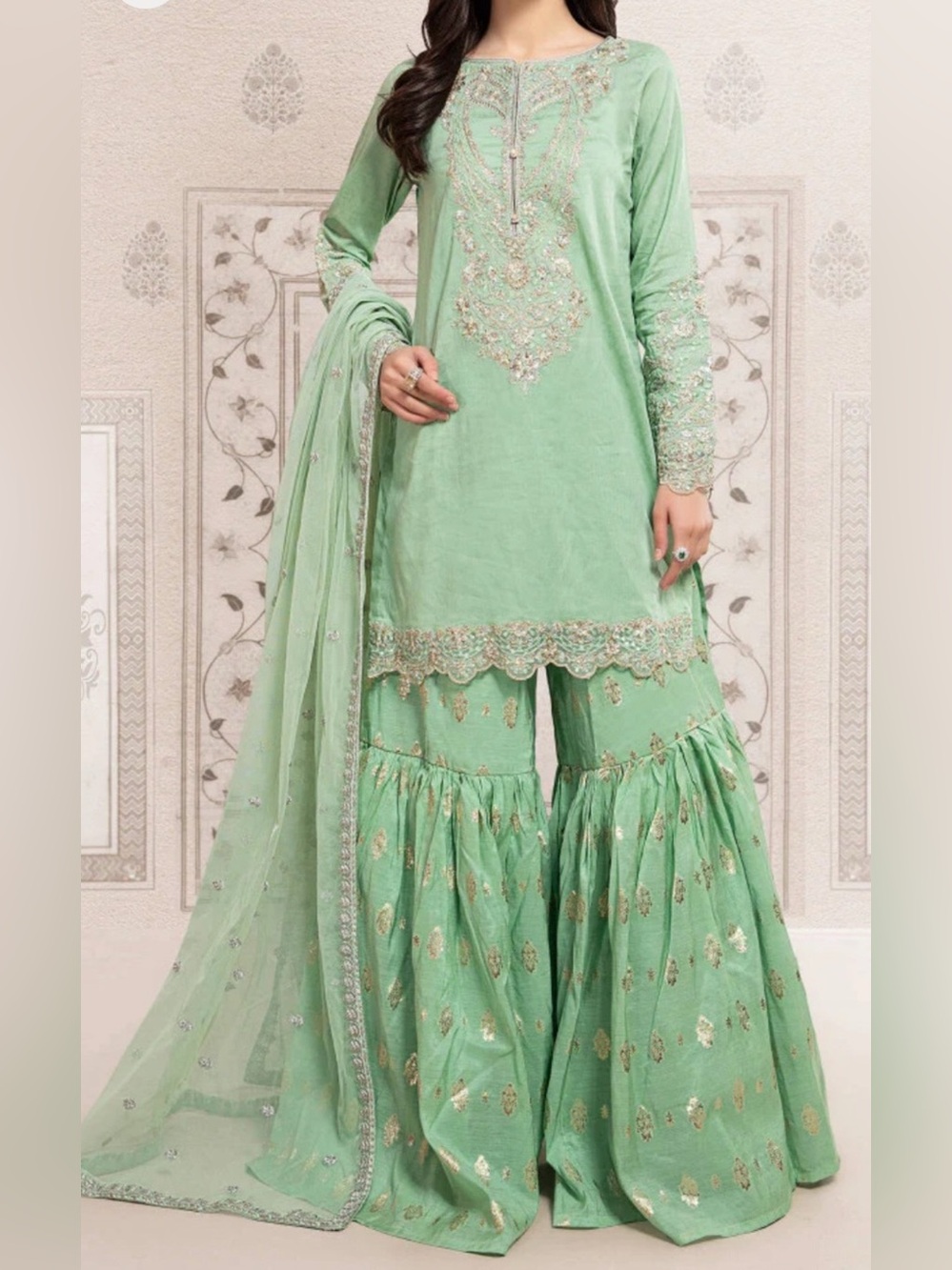 Maria B. Pistachio Green Pakistani designer Ghararah